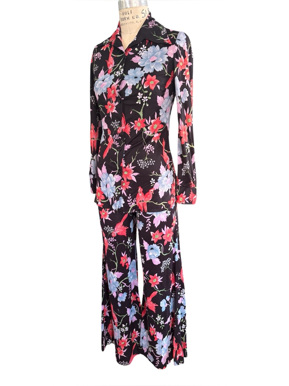 Vintage Retro 1970’s Floral Bird Print Bell Bottom Top Pants Suit Set XS